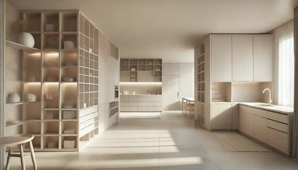 Custom-built cabinets defining storage in an open living room