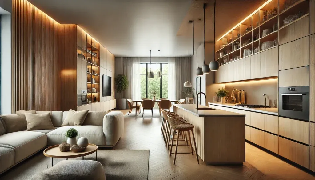Kitchen island with open-concept cabinets transitioning to living space