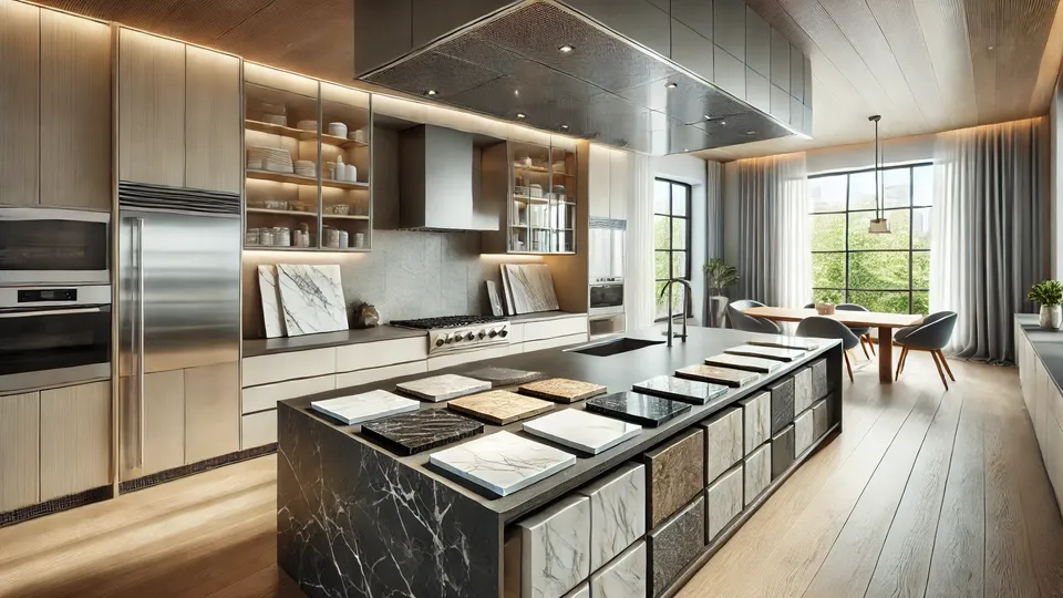 A modern kitchen displaying various countertop samples on an island