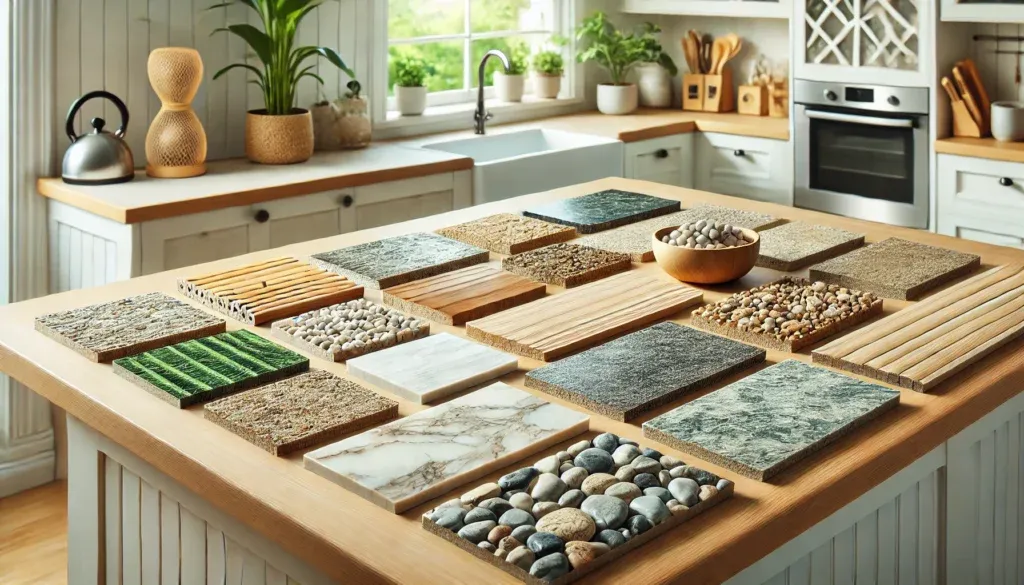 amples of eco-friendly and natural countertop materials on a stylish counter