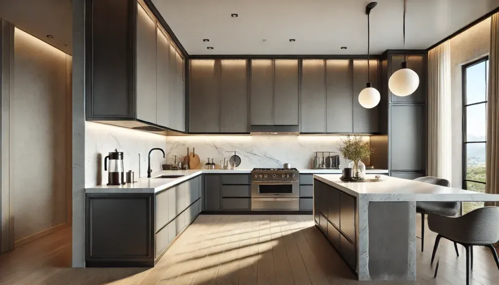 Harmonized cabinet color and countertop pattern in a modern kitchen
