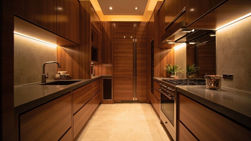 A beautifully designed kitchen featuring custom cabinets, highlighting modern design elements and warm lighting.