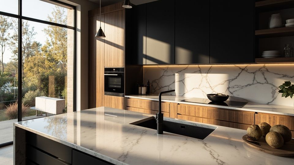 A beautifully styled kitchen featuring two-tone cabinets in matte black and walnut wood, showcasing textures and white marble countertops.