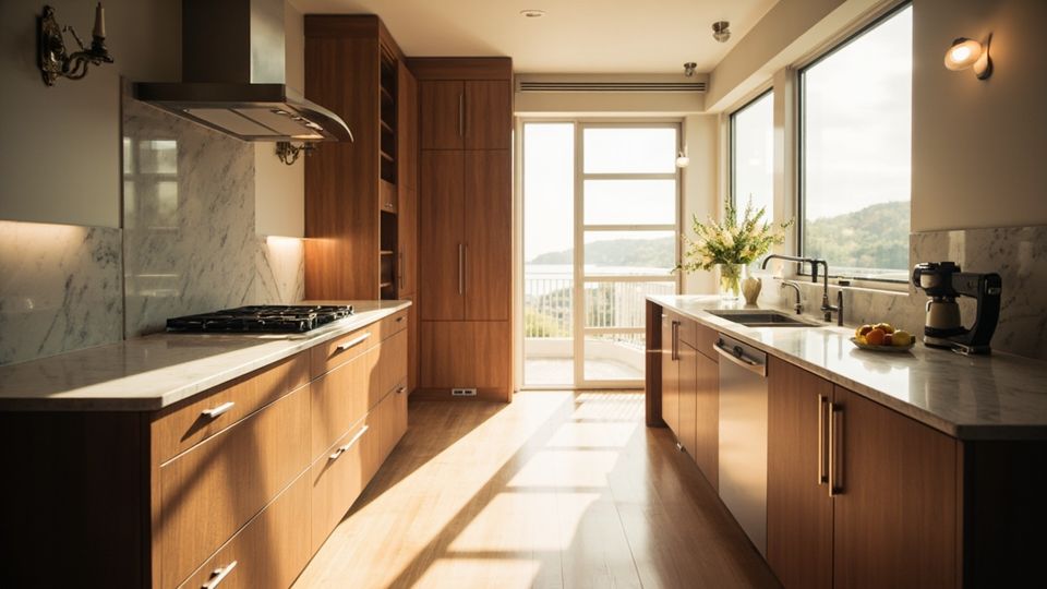 A beautifully designed kitchen showcasing attractive kitchen cabinets and custom cabinetry by Evita Cabinets, illuminated by soft natural light.