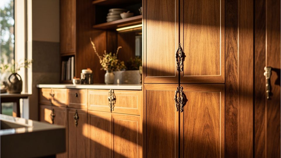 A modern kitchen showcasing custom cabinetry designs, highlighting rich wood tones and intricate hardware.