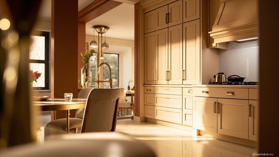 A luxurious kitchen showcasing overlay cabinets and inset cabinets, highlighting the contrast in design.