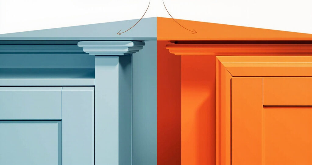 An infographic displaying the differences between overlay cabinets and inset cabinets, highlighting the modern design of overlay and the classic look of inset cabinets.
