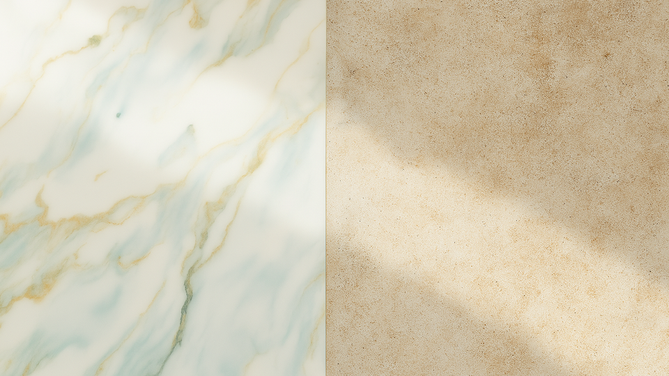 Side by side comparison of porcelain tile and ceramic tile showcasing their distinct textures and colors.