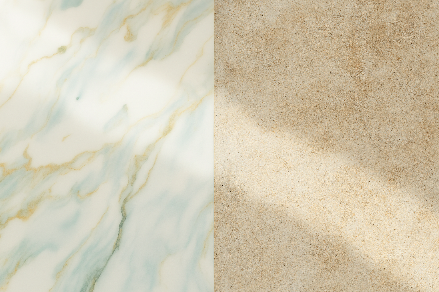 Side by side comparison of porcelain tile and ceramic tile showcasing their distinct textures and colors.
