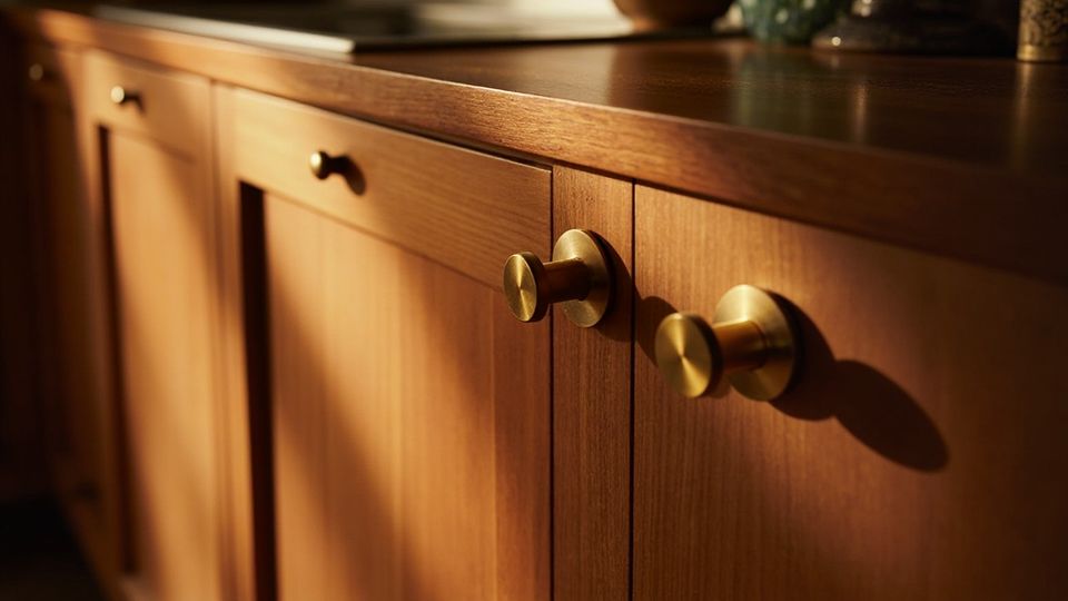 A bright and modern kitchen showcasing elegant wooden cabinets with stylish brass knobs and cabinet pulls, capturing the warm light.