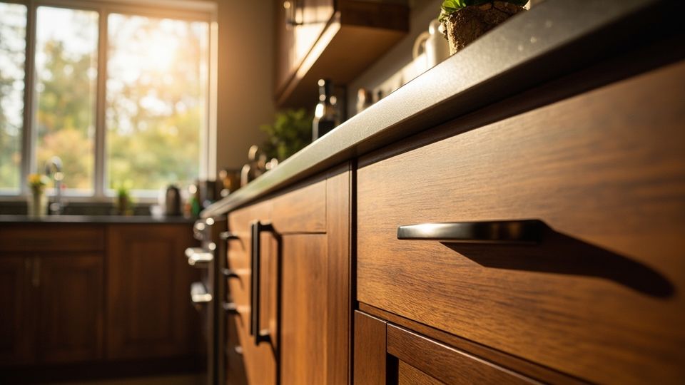 A modern kitchen showcasing partially refaced cabinets on one side and entirely new cabinets on the other, with warm natural lighting.