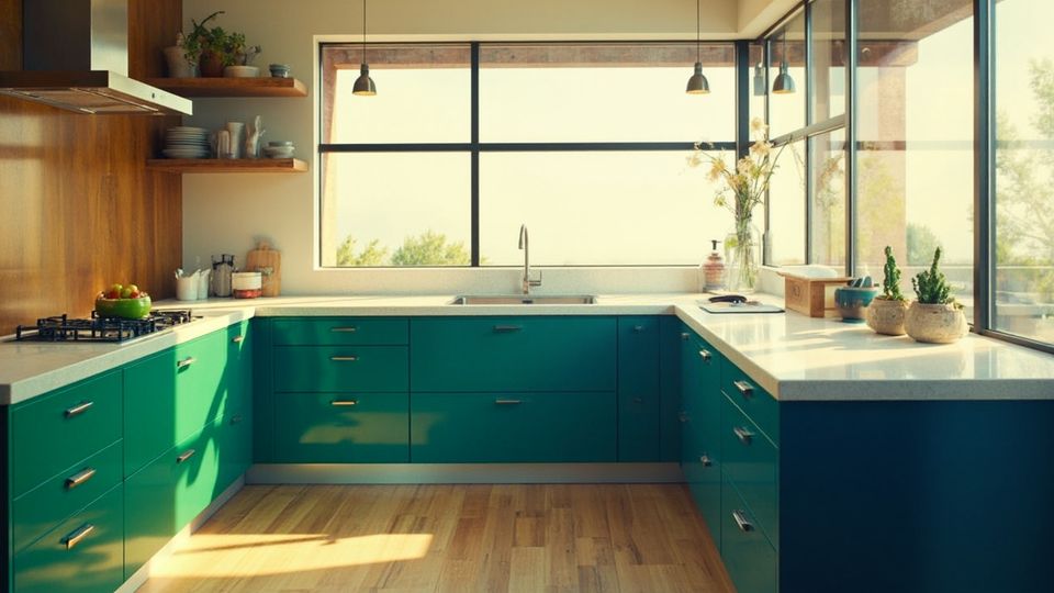 Modern kitchen scene with freshly painted vibrant cabinets, captured with a Hasselblad X2D 100C, showcasing custom cabinet design tips.