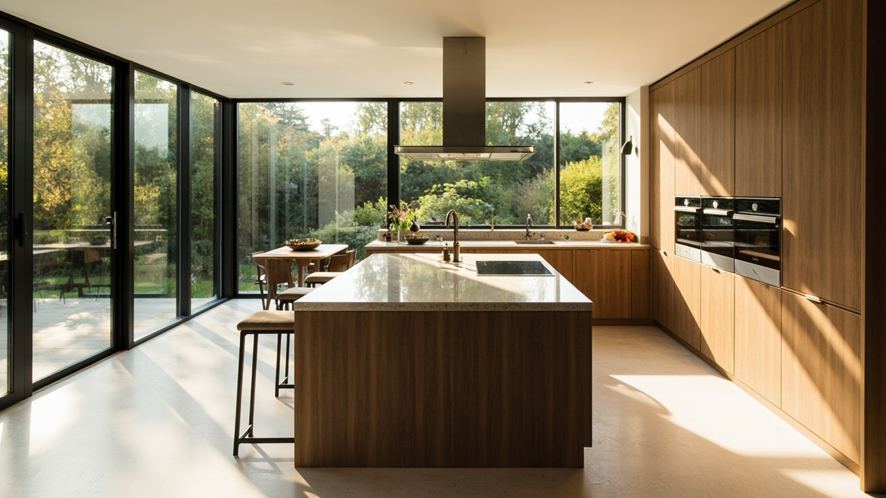 A sunlit modern kitchen featuring custom kitchen cabinets, large windows overlooking a garden, and an island with bar stools; embodies dream kitchen design and Scandinavian minimalism.