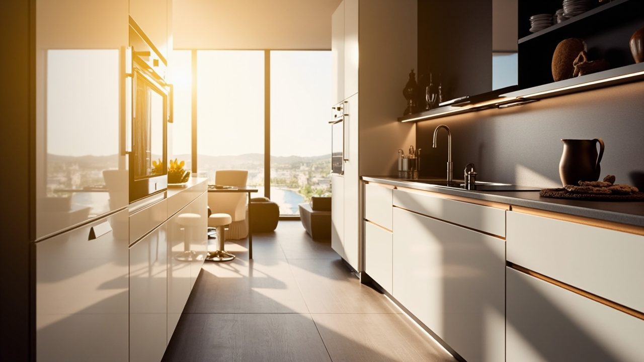 Modern kitchen with sleek cabinets and sunlight streaming through large windows, showcasing practical and stylish storage solutions.