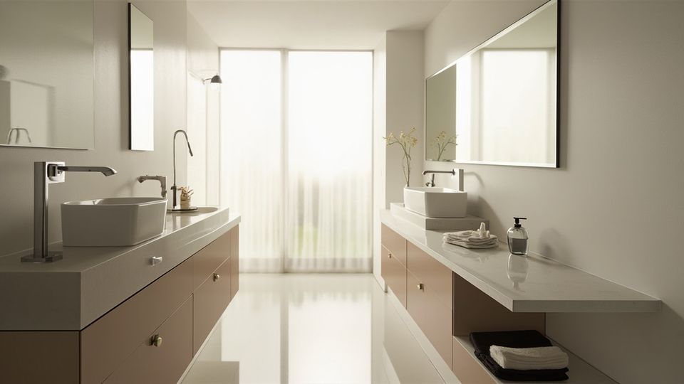 A contemporary bathroom featuring sleek, modern cabinets with a minimalist design by Evita Cabinets, illuminated by natural sunlight.