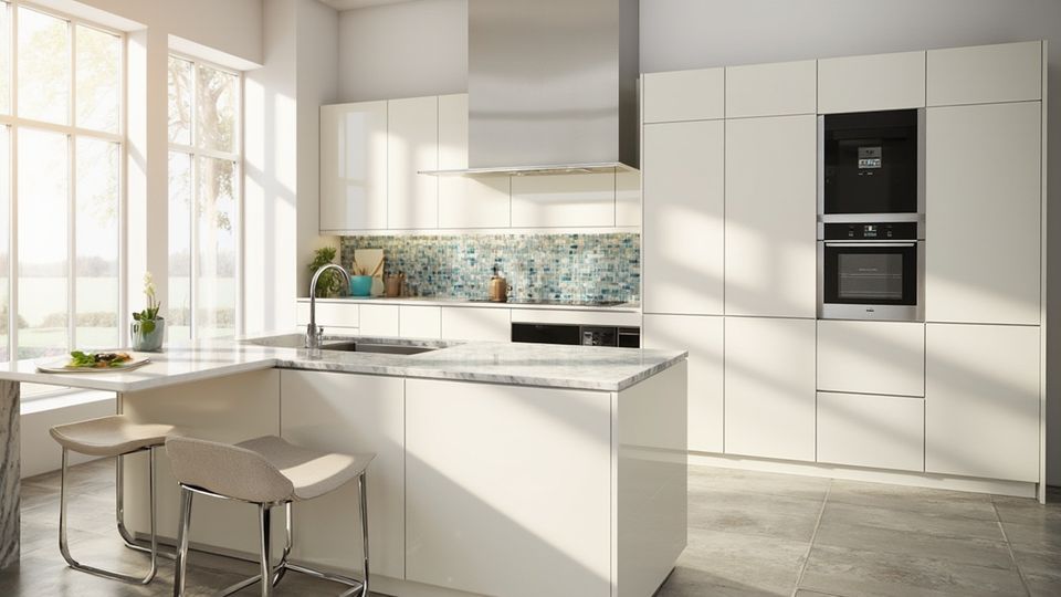 A bright and airy modern kitchen showcasing luxurious materials and sleek cabinetry, ideal for understanding kitchen remodel price.