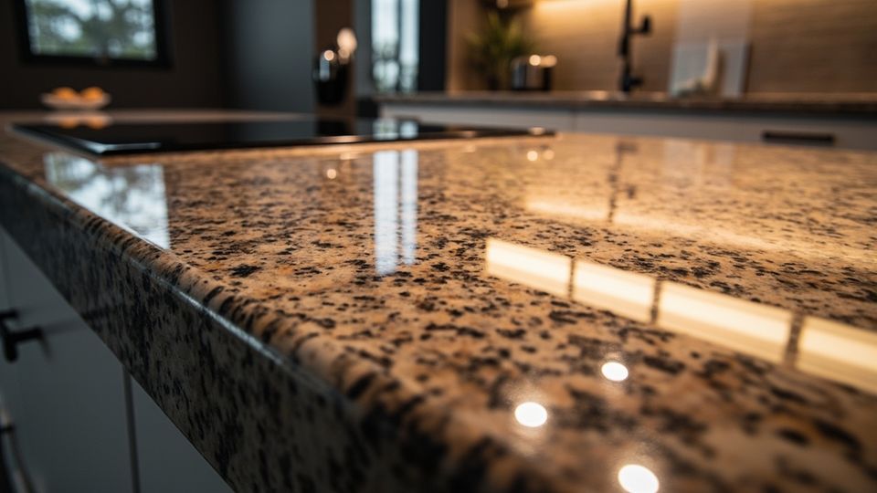 Close-up of high character granite countertop showcasing intricate patterns and rich color variation under warm kitchen lighting, emphasizing texture and detail.