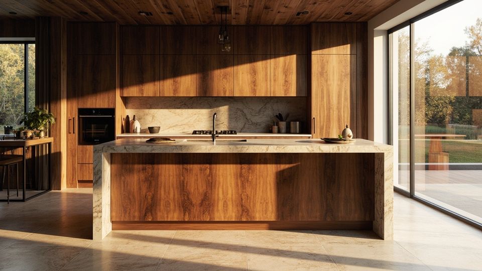 A modern kitchen featuring a central custom island with wood and marble elements, captured in soft natural light; ideal for custom kitchen islands and kitchen design ideas.
