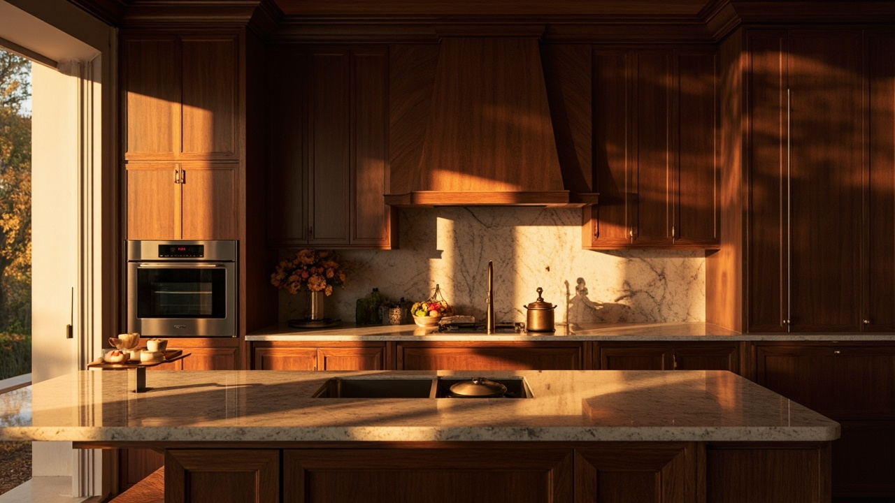 A luxurious kitchen featuring high-end custom cabinets, softened lighting, and rich wood textures, created to enhance kitchen design and home improvement aesthetics.