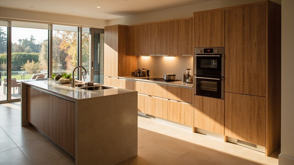 A warm and inviting modern kitchen featuring sleek custom cabinets with a natural wood finish, captured in Houston by a Hasselblad X2D 100C.