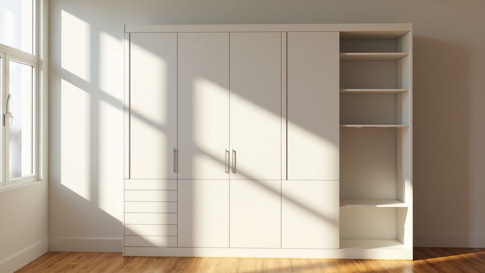 A modern, stylish RTA closet setup in a sunlit bedroom showcasing Evita Cabinets, captured with a Hasselblad X2D 100C camera.