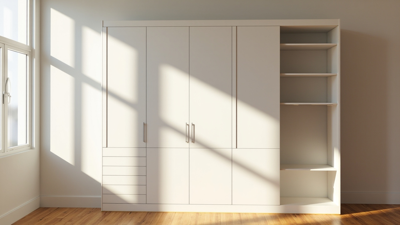 A modern, stylish RTA closet setup in a sunlit bedroom showcasing Evita Cabinets, captured with a Hasselblad X2D 100C camera.