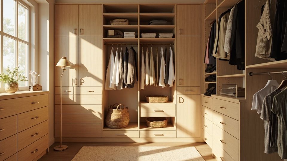 A beautifully organized walk-in closet featuring RTA closets and custom-crafted units with natural sunlight filtering in.
