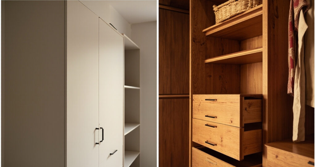 A side-by-side comparison of RTA closets in flat packs and a custom wood closet installation in an inviting setting, highlighting textures and finishes.