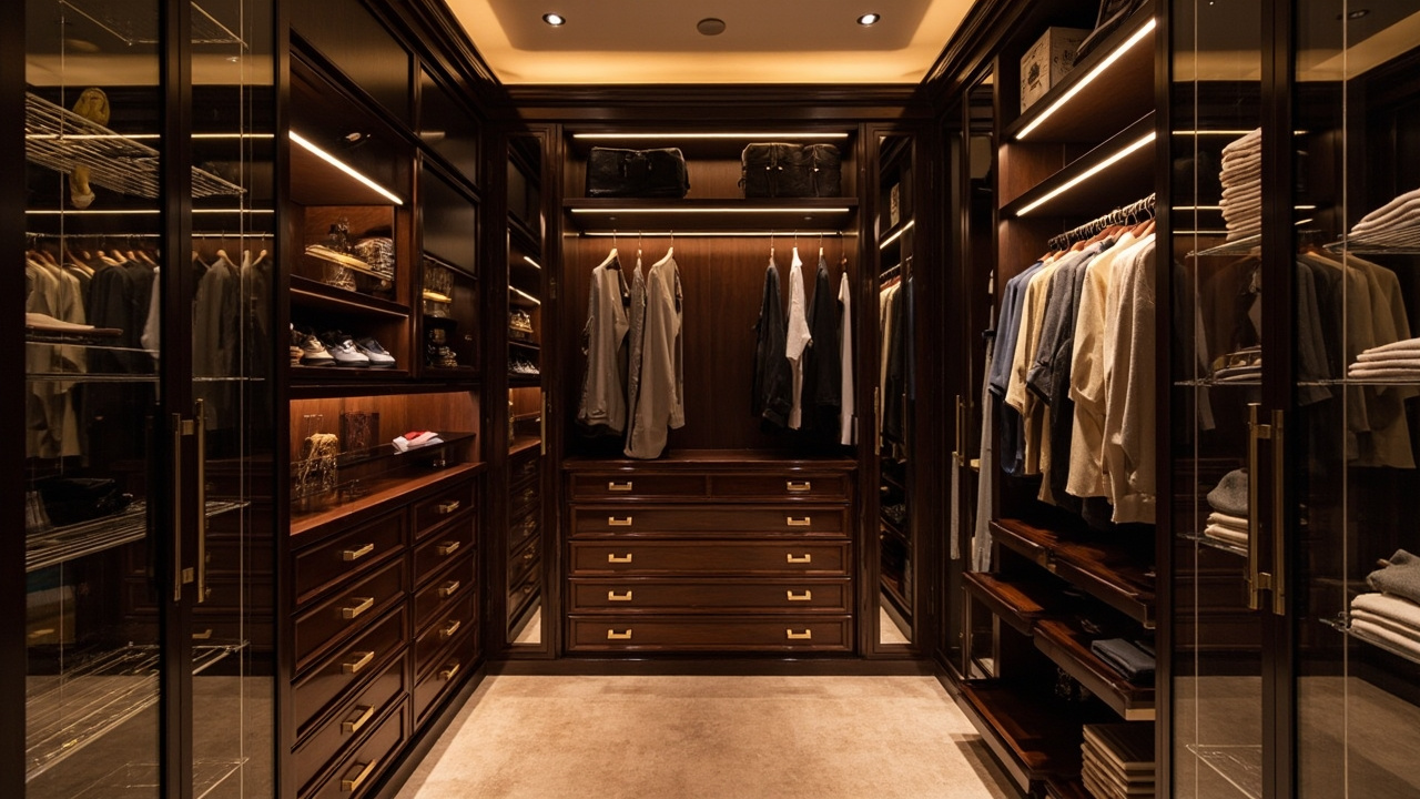 An elegant walk-in closet featuring custom cabinets, neatly organized clothes, and subtle, warm lighting.