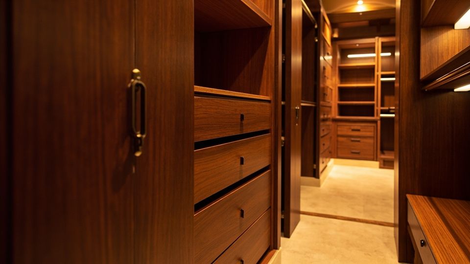 A spacious walk-in closet with custom cabinets in a Houston home design, featuring warm ambient lighting and rich wood textures.