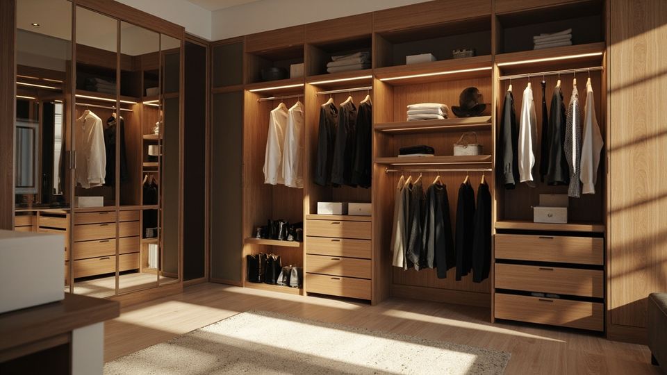 A modern, sleek RTA closet inside a Houston apartment with custom cabinets and neatly organized clothes and accessories.