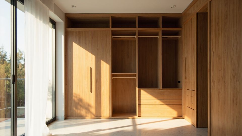 Bright modern room featuring a partially assembled ready-to-assemble closet, customized by Evita Cabinets in Houston, with natural daylight from a large window.