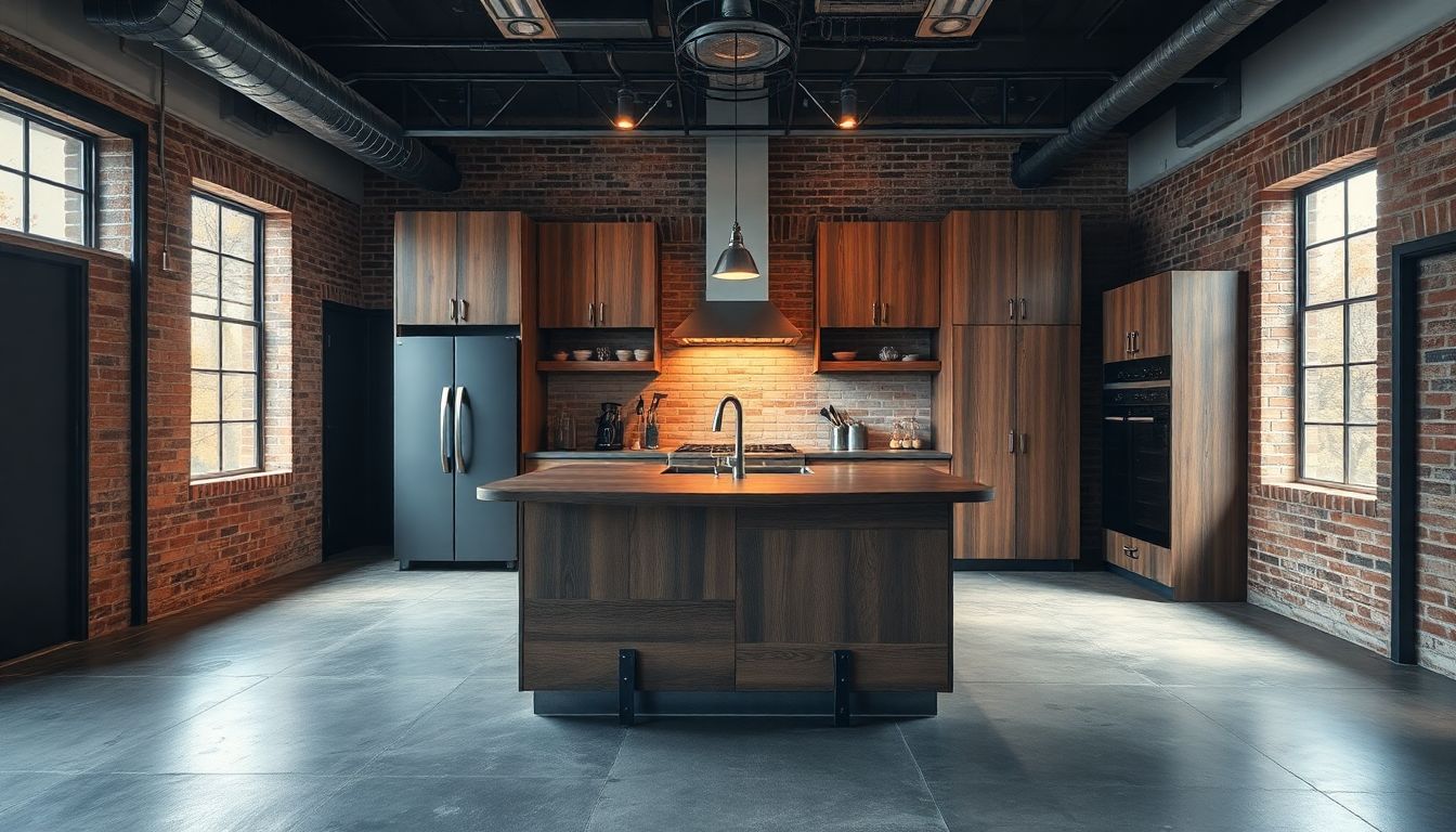 Wide shot of a modern industrial kitchen featuring custom kitchen cabinets in Houston with exposed metal joints and distressed wood panels around a central island, industrial style kitchen design with concrete floors, brick accents, and warm overhead lighting casting dynamic shadows.