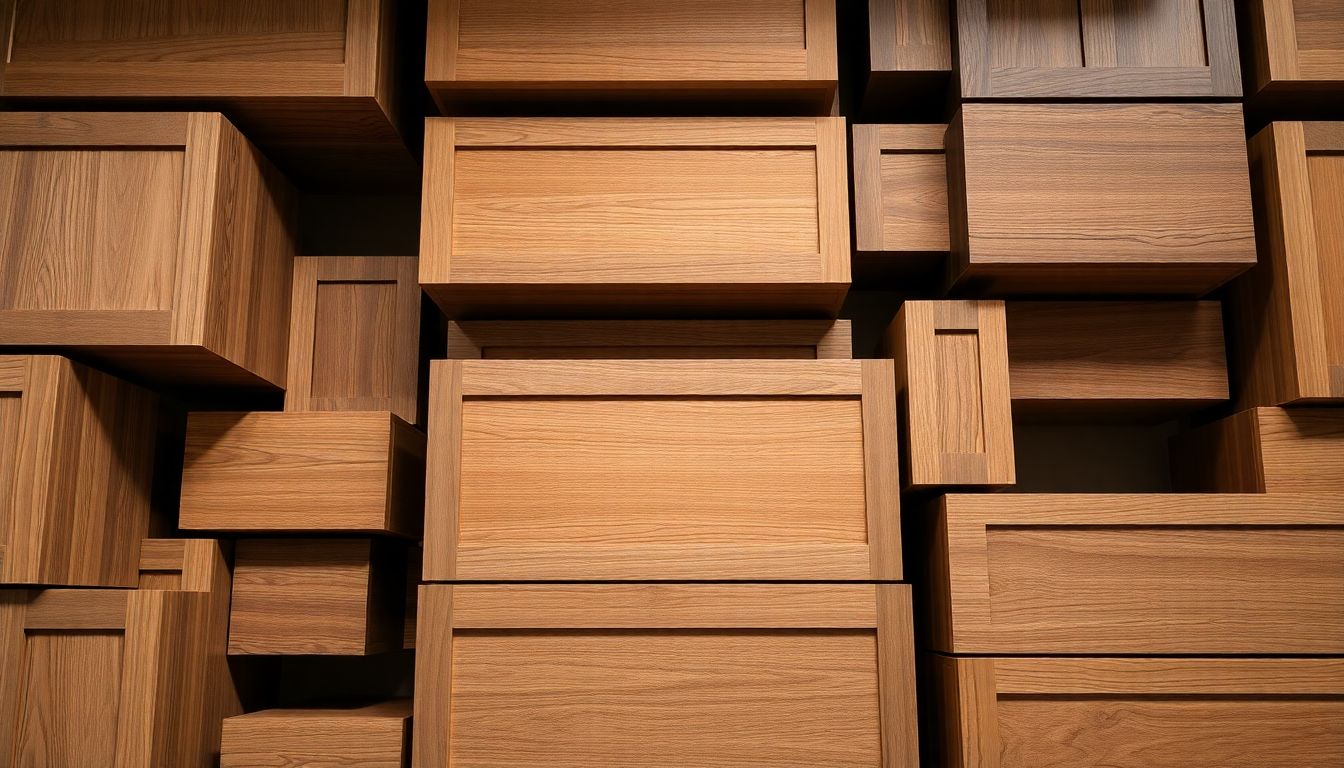 Abstract overhead view of stacked wooden cabinet modules in varying sizes and finishes, highlighting natural wood grains under soft diffused lighting, representing custom kitchen cabinets Houston from Evita Cabinets builders and architects custom cabinetry.