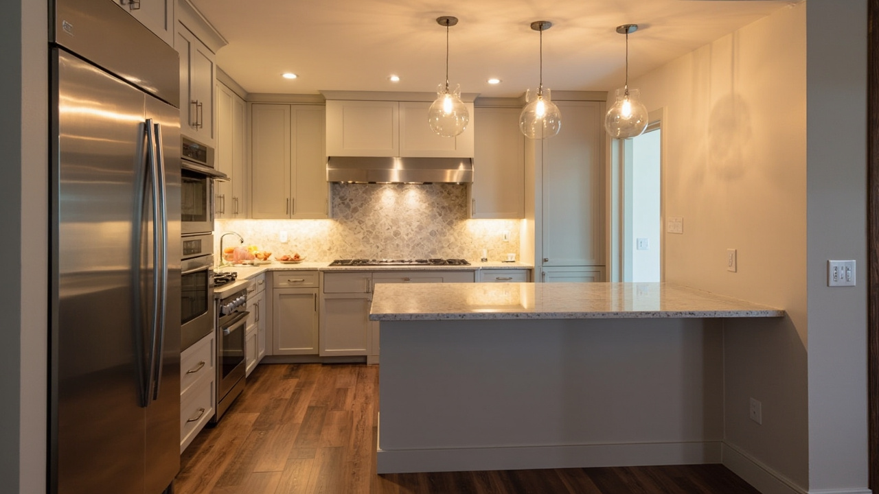 Modern kitchen featuring Evita Cabinets' custom installations with affordable upgrades, highlighting a harmonious blend of colors and textures.