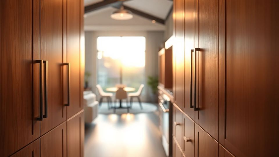 Close-up view of custom kitchen cabinets in a modern Houston home, featuring wooden cabinetry with clean lines and integrated handles, natural light filtering through large windows for a calm and organized luxury feel.