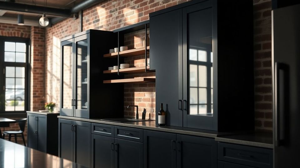 Close-up of modern industrial kitchen cabinets with matte black metal frames and reclaimed wood shelves in a spacious urban kitchen, soft natural light casting subtle shadows on exposed brick, ideal for custom kitchen cabinets Houston and industrial style kitchen design.