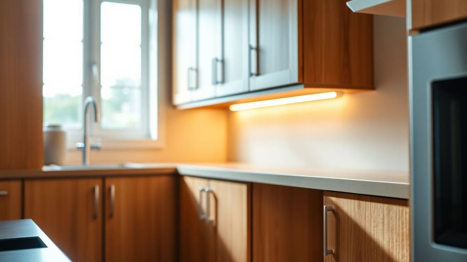 Close-up of neatly arranged custom kitchen cabinets in a modern wooden design, showcasing clean lines and subtle wood grains under soft natural light, ideal for kitchen cabinet installation inspiration.