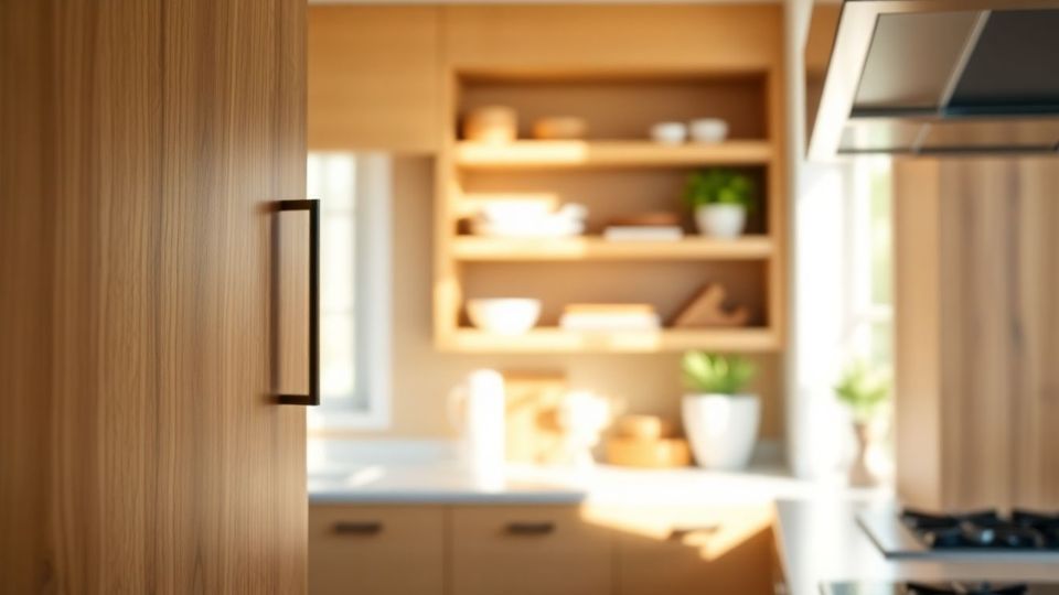Close-up of custom kitchen cabinets featuring popular cabinet styles and design trends, with natural wood grain textures illuminated by soft morning light, warm shadows, and shallow depth of field bokeh on background shelves.