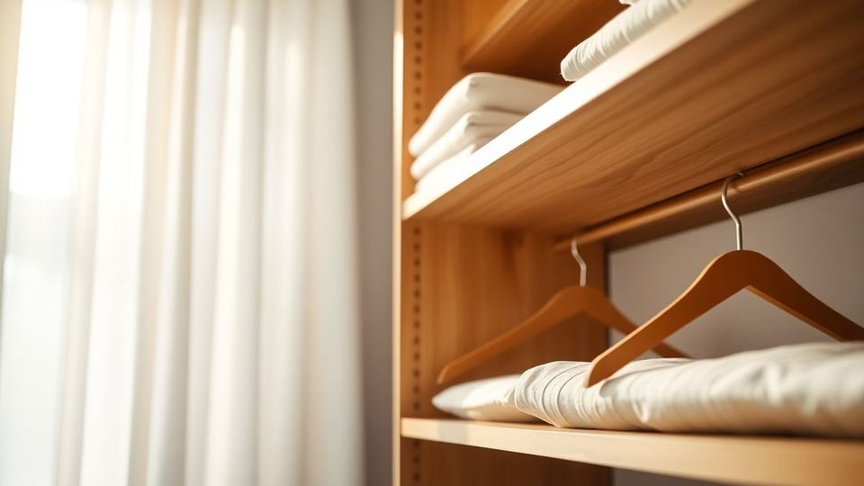 Close-up of wooden shelves in a ready to assemble closet, neatly filled with folded linens and empty hanging rods, in a softly lit bedroom with natural light through sheer curtains, ideal for custom closet upgrades and affordable closet solutions.