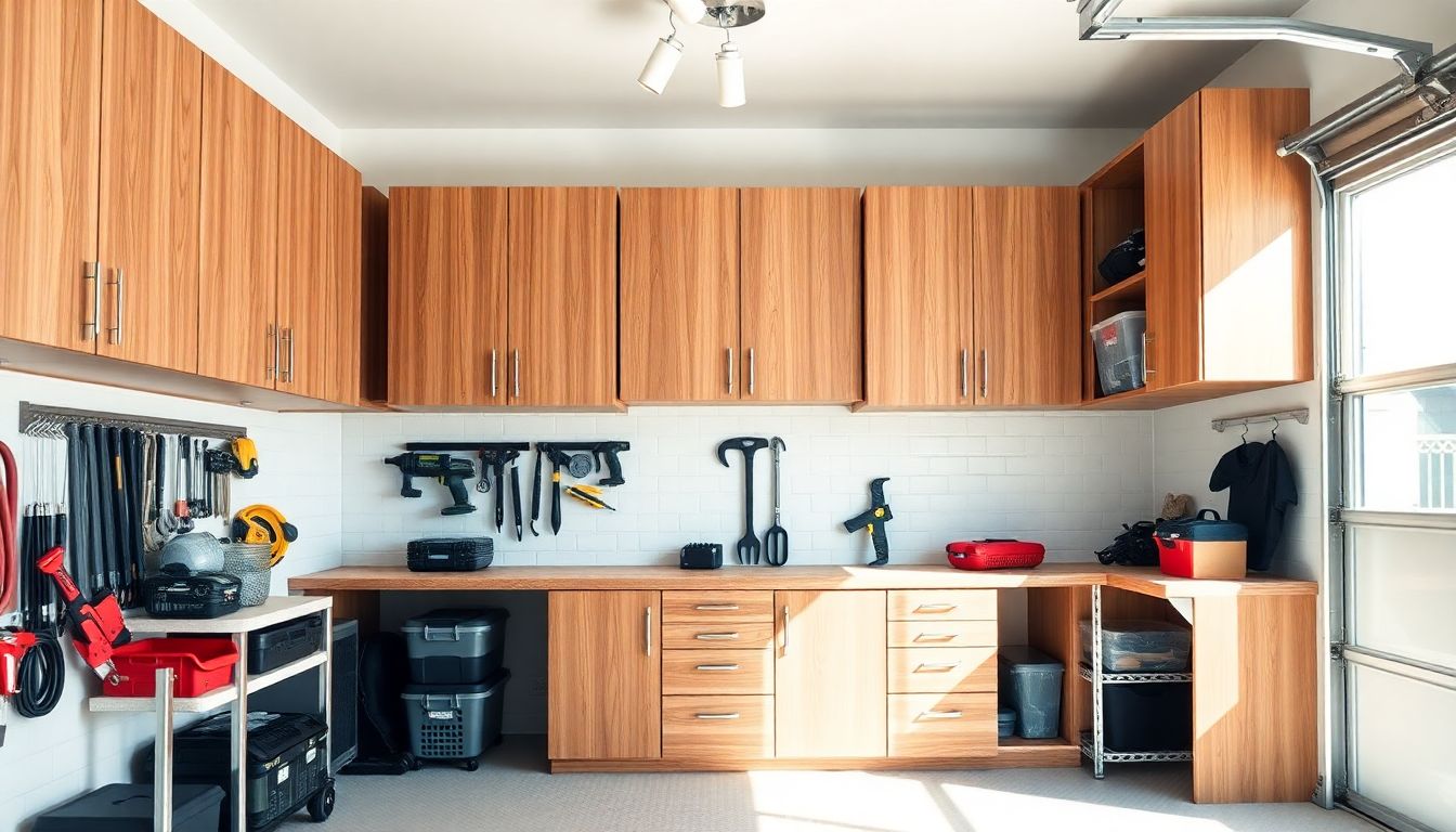 Wide-angle view of a spacious, organized garage interior featuring wall-mounted custom garage cabinets in natural oak finish, with shelves holding tools and bins, illuminated by soft natural light filtering through a window.