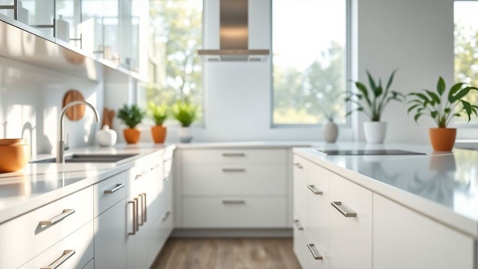 Bright modern kitchen featuring glossy white low-maintenance cabinets and custom kitchen cabinets made from durable cabinet materials, with natural morning light creating soft shadows and highlighting smooth surfaces.