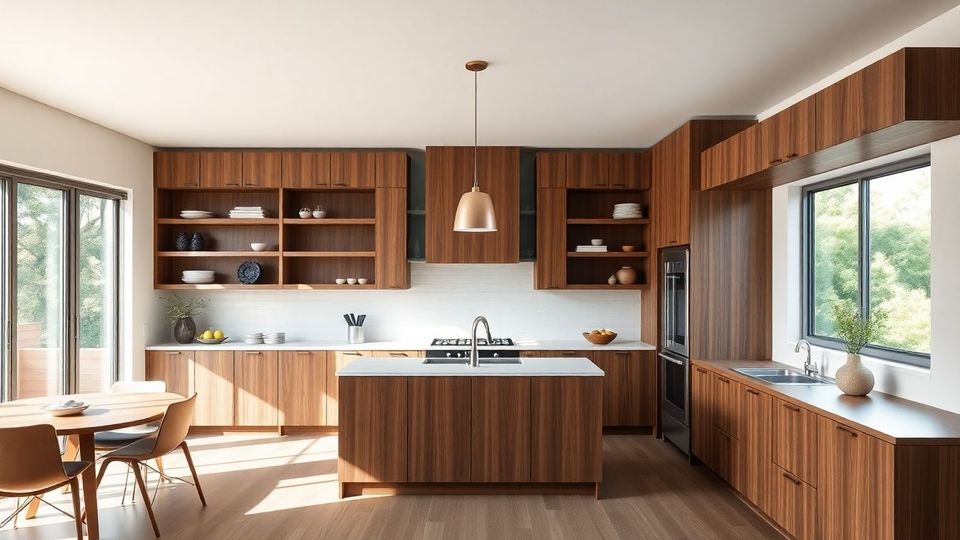 Wide shot of a bright modern kitchen featuring custom kitchen cabinets, open shelving, and wooden elements, with natural daylight from large windows, exemplifying kitchen design trends for Houston homebuyers.