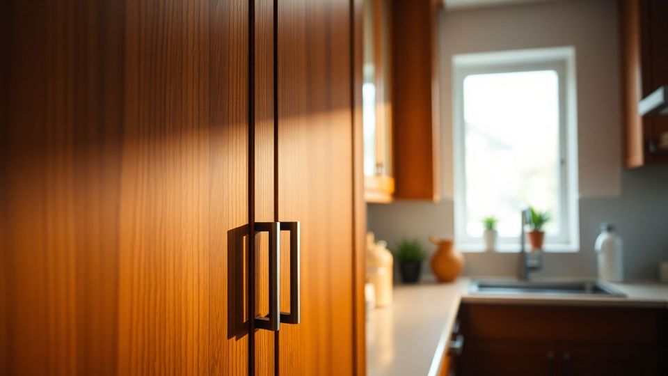 Close-up of custom kitchen cabinets with clean lines and detailed wood grain textures, soft natural light from a window creating warm shadows, shallow depth of field blurring background countertops, highlighting various cabinet styles for choosing cabinet style.