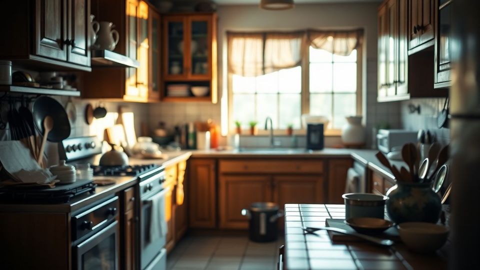 Wide-angle view of a cluttered yet cozy pre-remodel kitchen with worn wooden cabinets, tiled counters, and scattered utensils on a farmhouse table, capturing kitchen remodel preparation and preparing kitchen for remodel with custom kitchen cabinets in Houston.