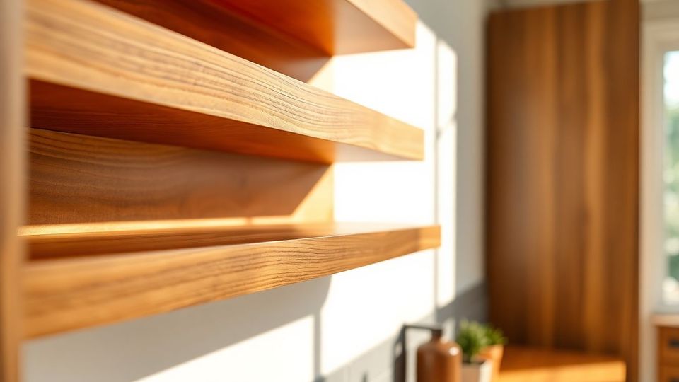 Close-up of polished wooden custom millwork shelves integrated into a modern kitchen wall, featuring intricate grain patterns and seamless joinery, ideal for home transformation with custom cabinetry in Houston.