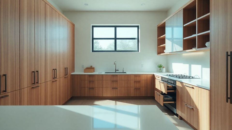 Wide-angle view of a luxury kitchen featuring custom cabinetry in Houston, with sleek wooden cabinets in soft natural tones, open shelves, integrated drawers, and a clean white countertop, illuminated by natural daylight creating gentle shadows and warm highlights.