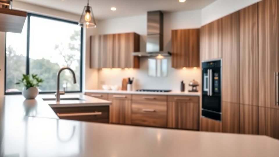 Wide-angle view of a modern kitchen featuring custom kitchen cabinets Houston by Evita Cabinets builders, with sleek wooden cabinets, clean lines, matte finishes, and soft natural light highlighting wood grains.