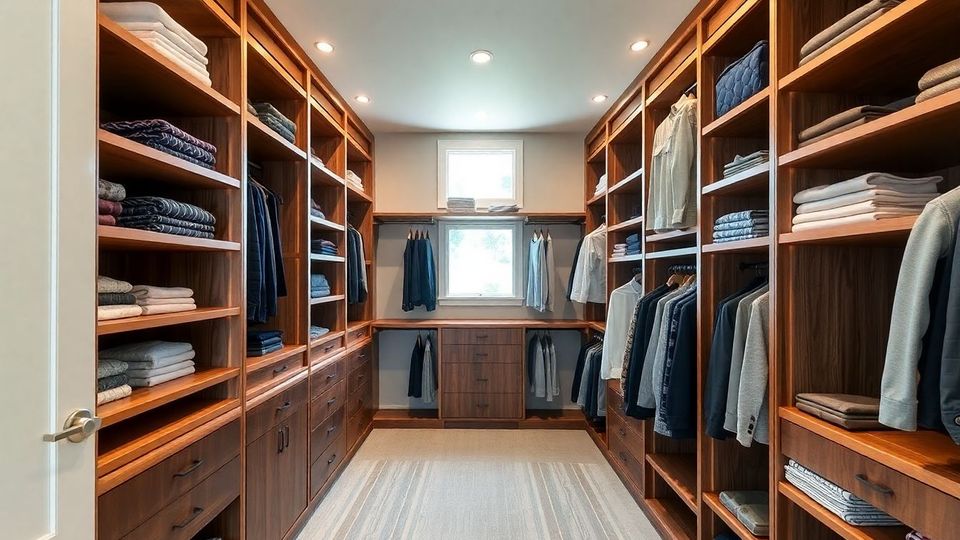 A spacious custom walk-in closet interior featuring wooden shelves lined with folded clothes and hanging garments, illuminated by soft natural light from a small window and warm recessed lighting, in a minimalist style emphasizing organization and depth.