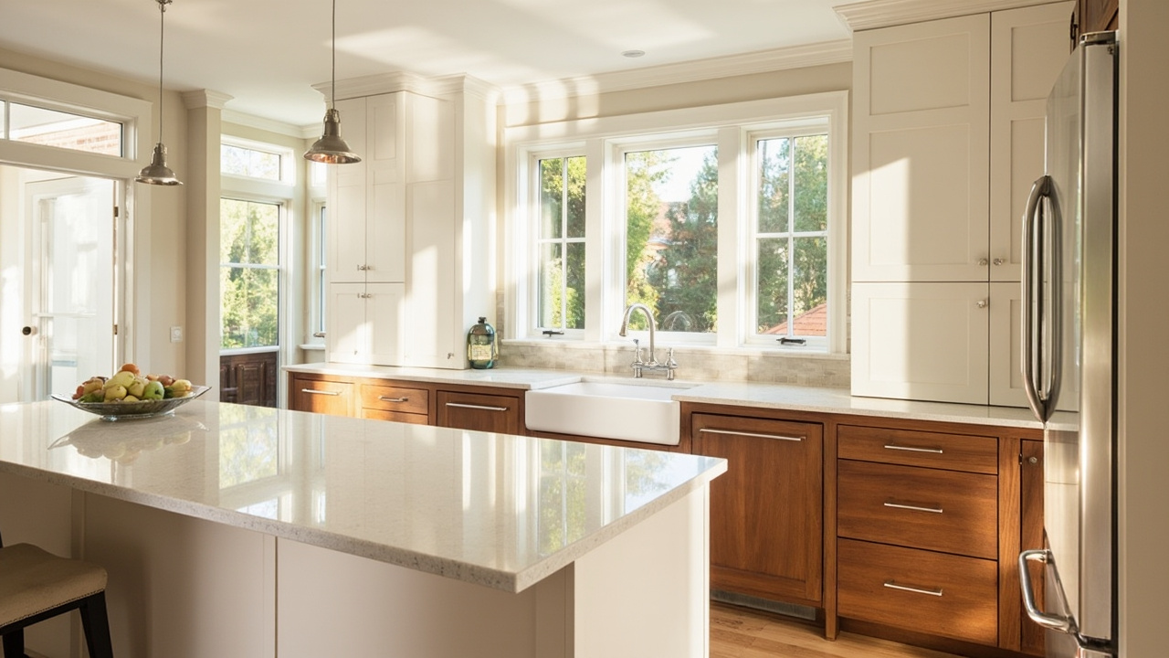 A kitchen showcasing beautifully styled modern and traditional elements with new and refaced cabinets, optimized for cabinet refacing and kitchen renovation.